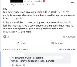 Millennial asking a question on social media about investing money