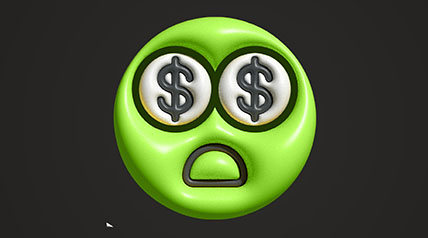 Green emoji face that looks distressed and frowning with large dollar signs in its eyes