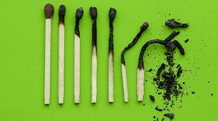 Series of match sticks progressively being burnt out with ashes and some are falling apart