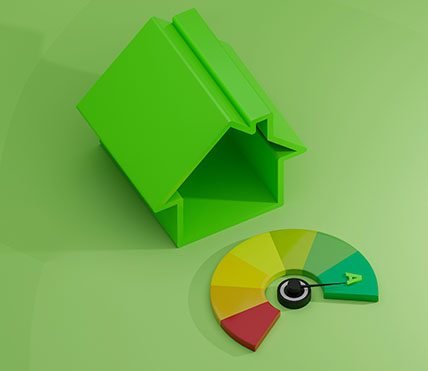 green plastic Monopoly-style house with a red to green meter in front of it