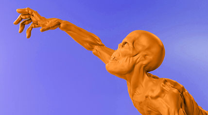 Orange zombie looking gruesome and reaching out with one arm